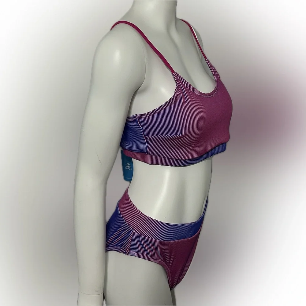 Cupshe 2 Piece Striped Bikini Pink Gradient Purple Retro Set Top & Bottom Size M